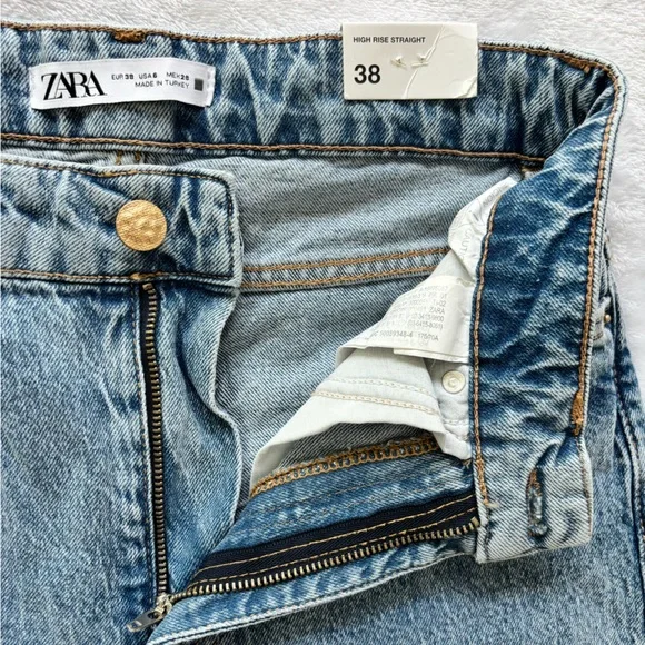 ZARA High Rise Full Length Straight Leg Blue Jeans--6 - Picture 8 of 16